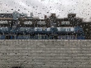 Archway council estate under rain